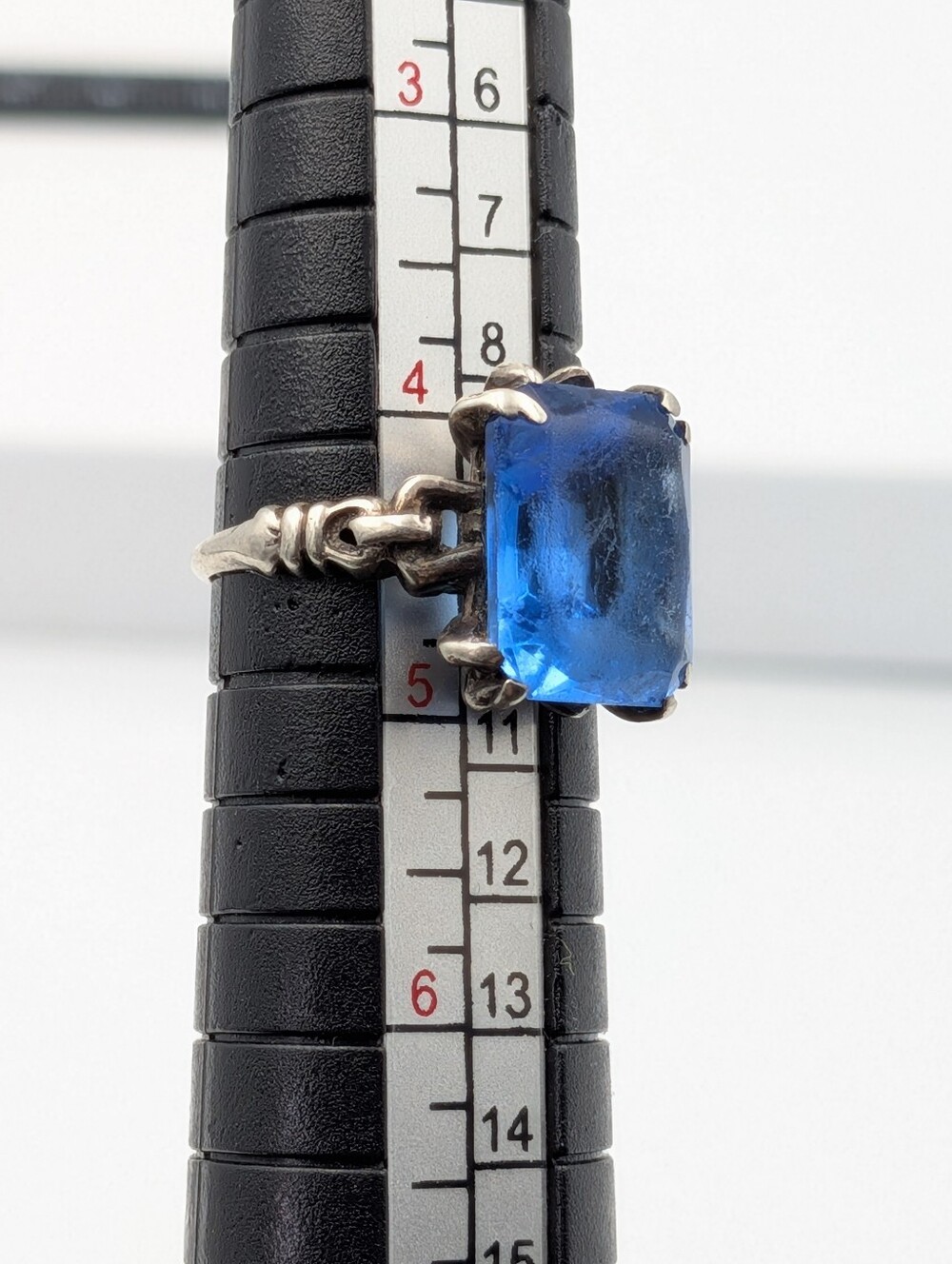 Antique Art Deco 925 sterling silver blue glass rhinestone ring - Picture 2 of 9